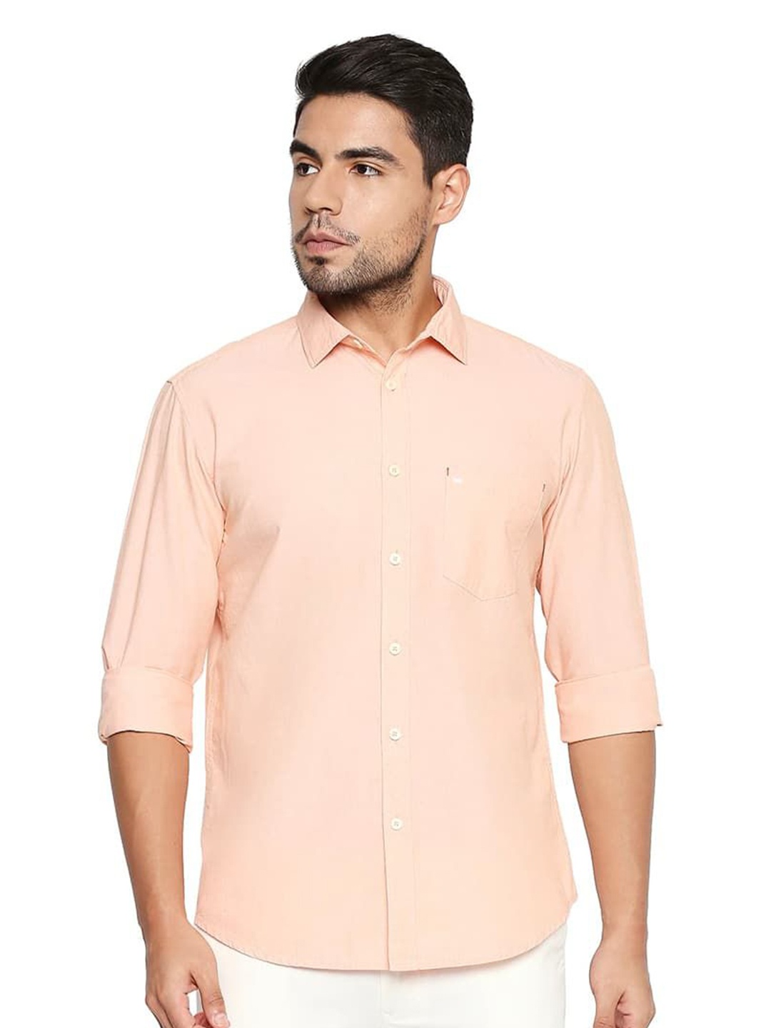 

Basics Men Relaxed Fit Spread Collar Solid Cotton Casual Shirt, Peach