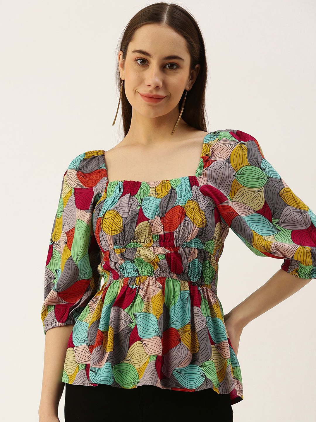 

VYMO Women Printed Square Neck Top, Grey