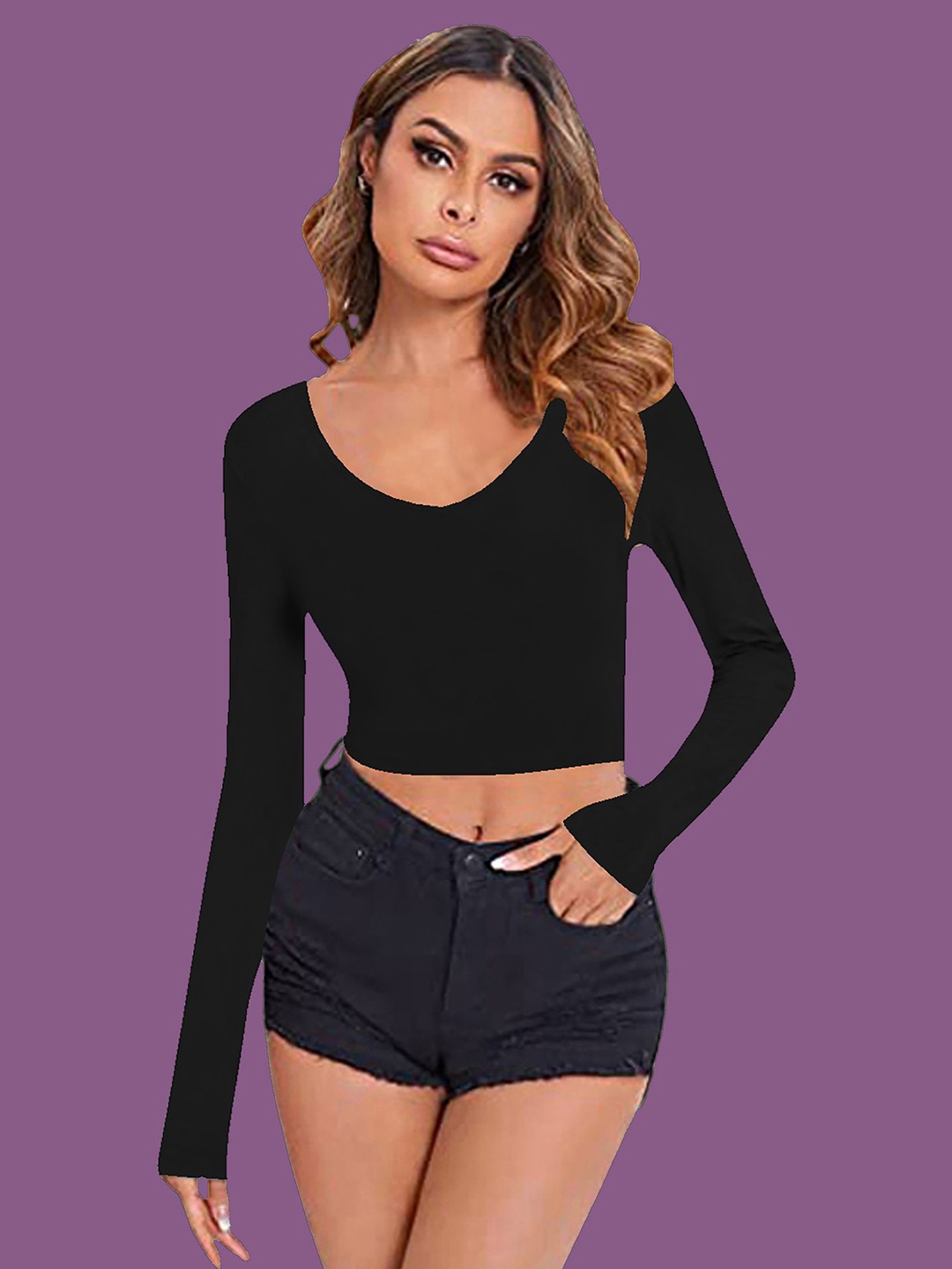 

Dream Beauty Fashion Women Solid V-Neck Long Sleeves Crop Fitted Top, Black