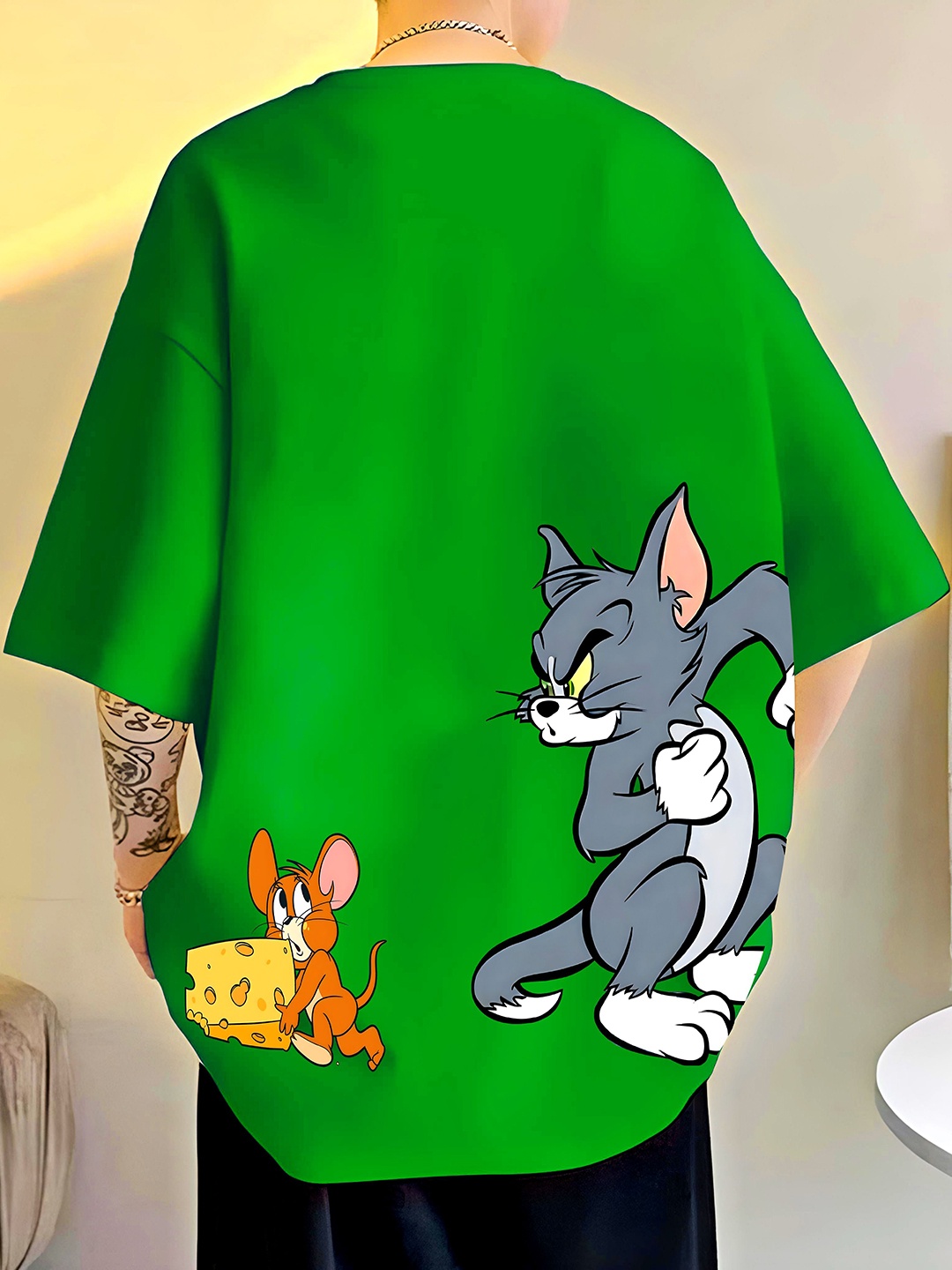 

ZEN1 FASHION Men Tom & Jerry Abzorb Graphic Printed Round Neck Cotton Oversized T-shirt, Green