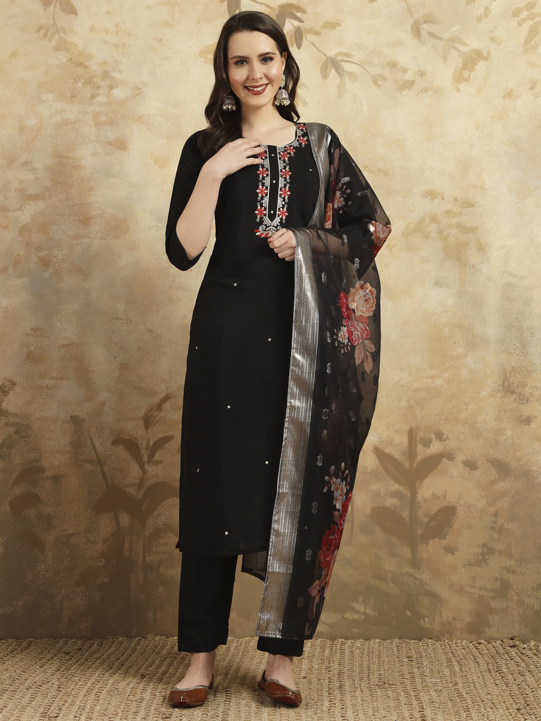 

ZIBLON Ethnic Motifs Embroidered Pure Silk Straight Kurta With Trousers And Dupatta, Black