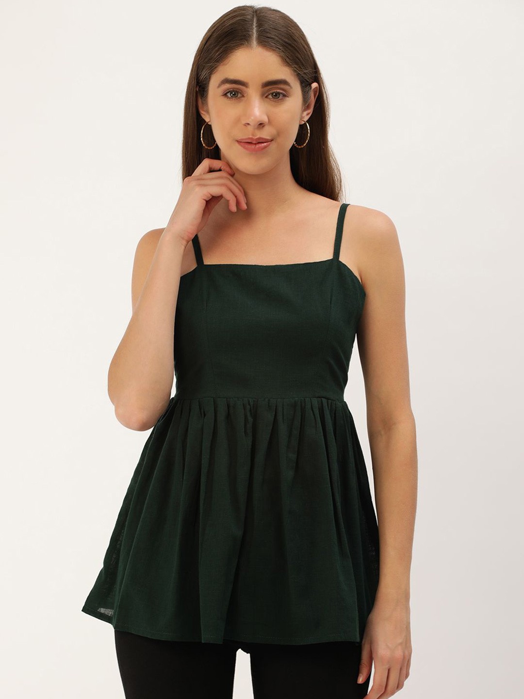 

VYMO Solid Cotton Green Sleeveless Top