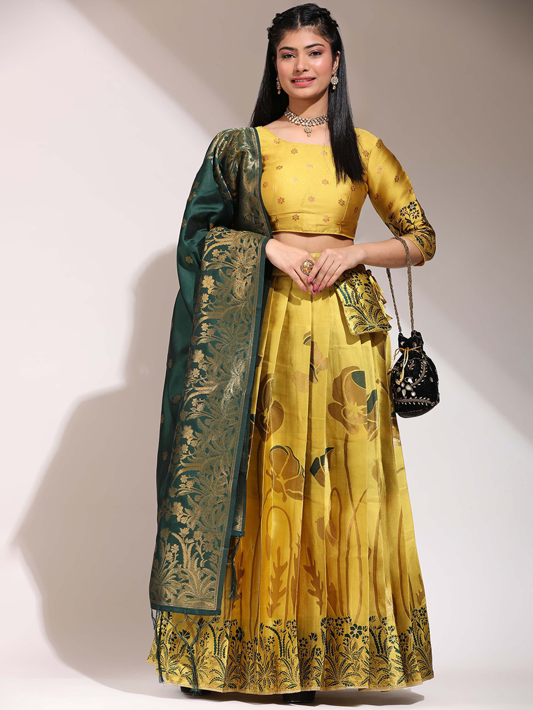

DIVASTRI Floral Woven Design Zari Unstitched Blouse And Lehenga With Dupatta, Yellow