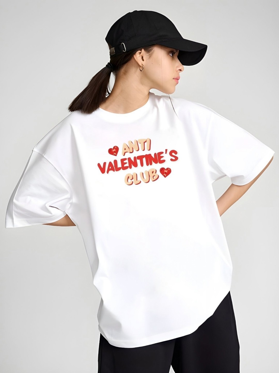 

SZN Women Typography Printed Round Neck Cotton Oversized T-shirt, White