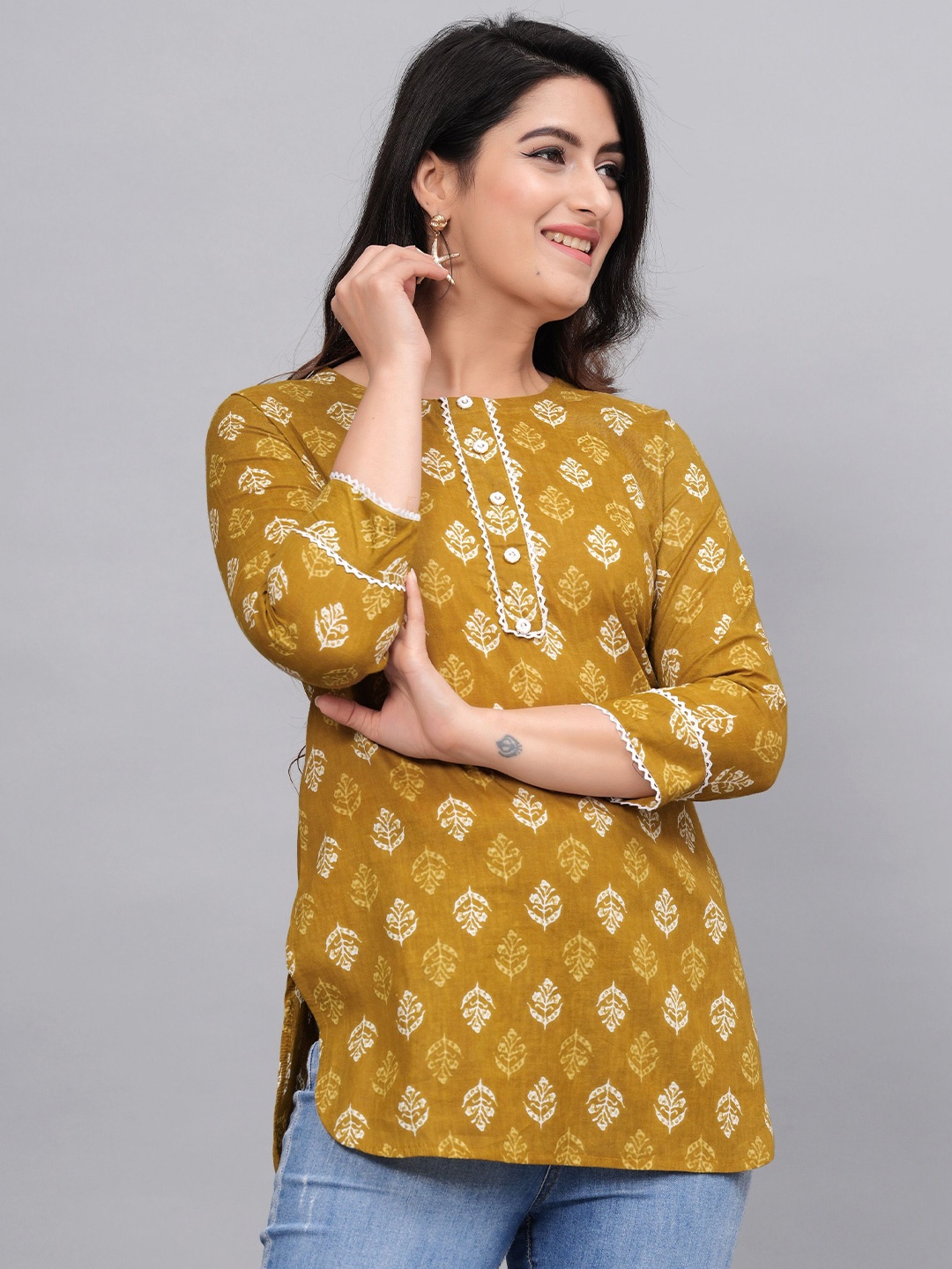 

Fmkcreation Floral Print Keyhole Neck Ethnic Cotton Top, Mustard