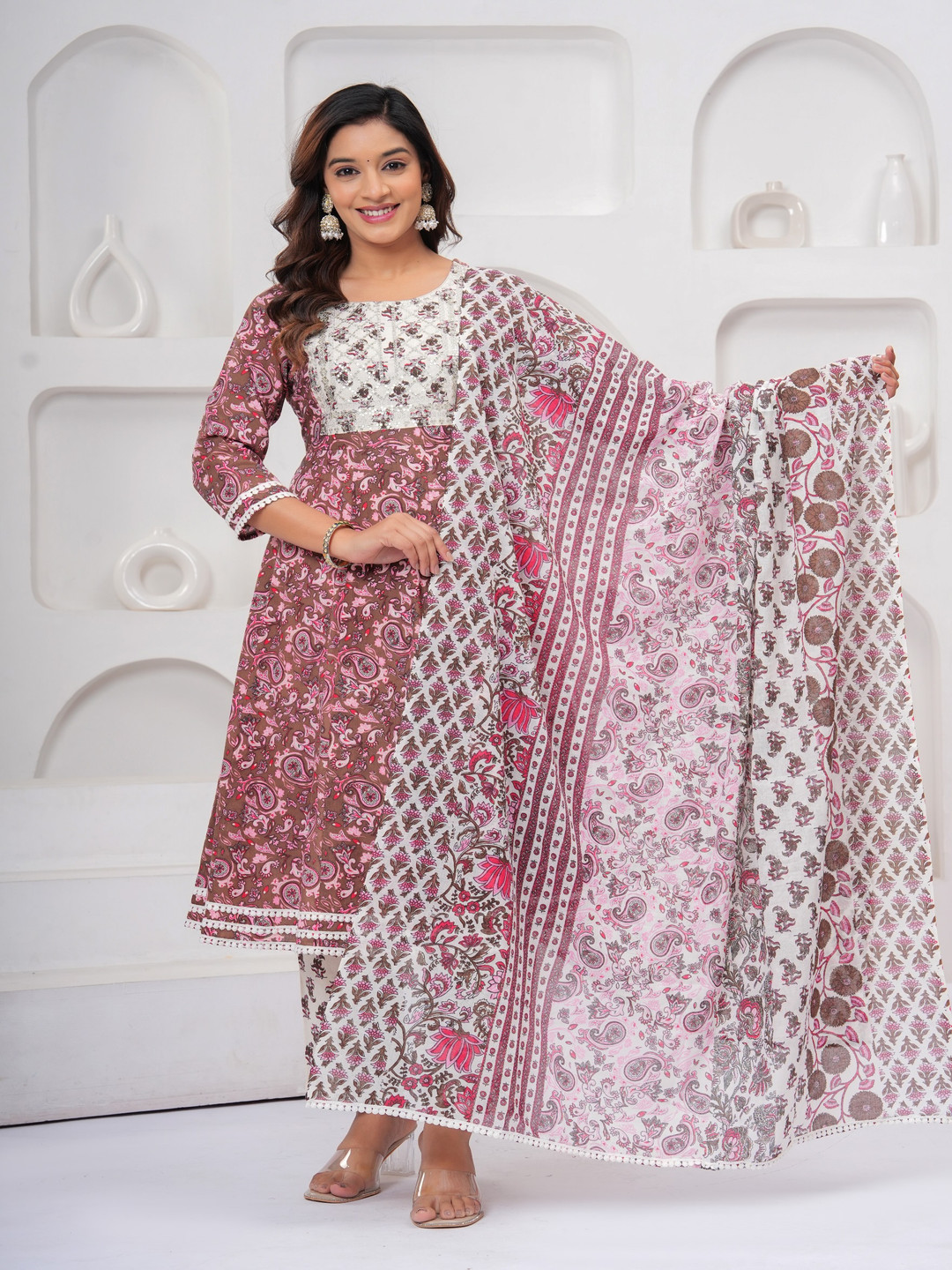

CHIRAAI Paisley Printed Thread Work Pure Cotton A-Line Kurta With Pyjamas & Dupatta, Brown
