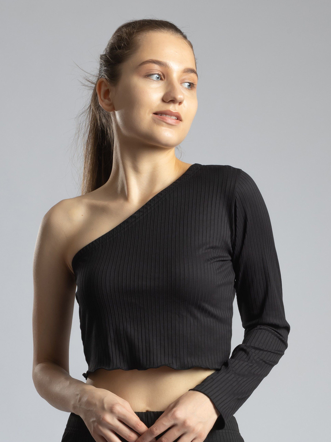 

PYR8 Women Ribbed Ribbed One Shoulder Top, Black