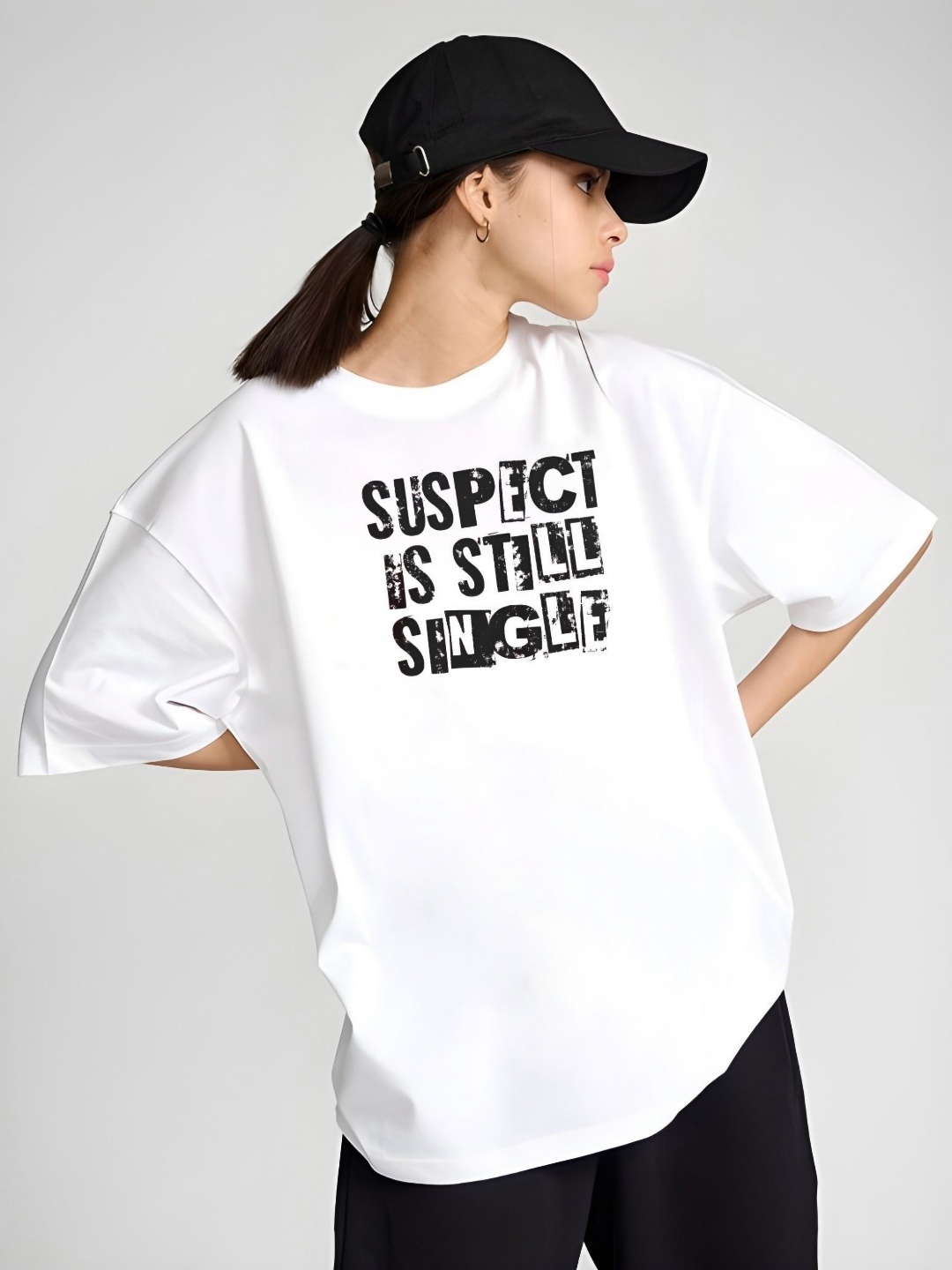 

SZN Women Typography Printed Round Neck Cotton Oversized T-shirt, White
