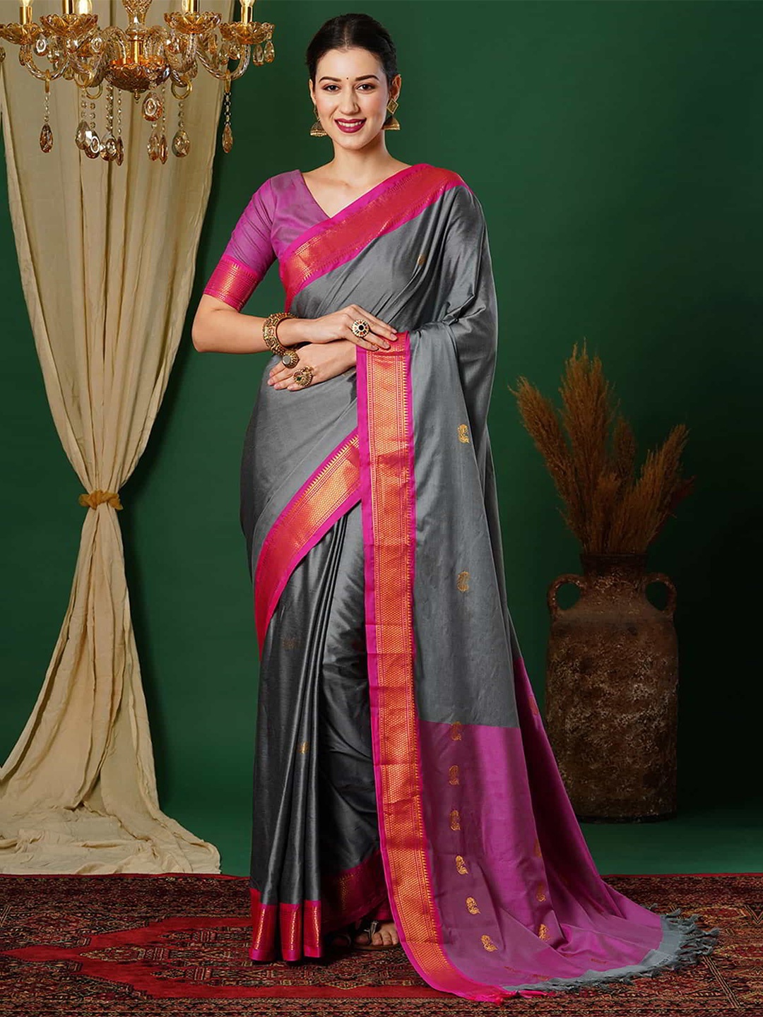 

DIVASTRI Ethnic Motifs Woven Design Zari Pure Silk Mysore Silk Saree, Grey