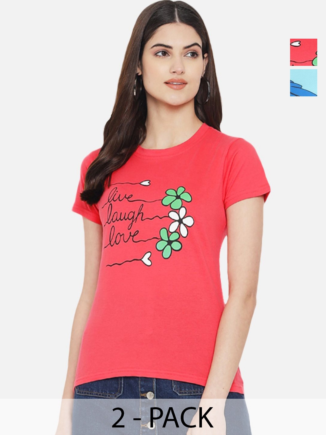 

Dreambe Women Pack Of 2 Graphic Printed Round Neck Cotton T-shirts, Blue