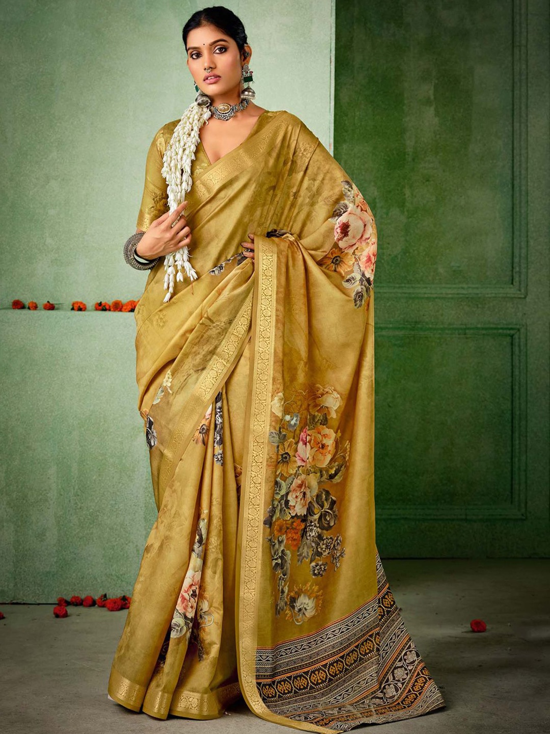 

Mitera Floral Zari Silk Blend Tussar Saree, Mustard