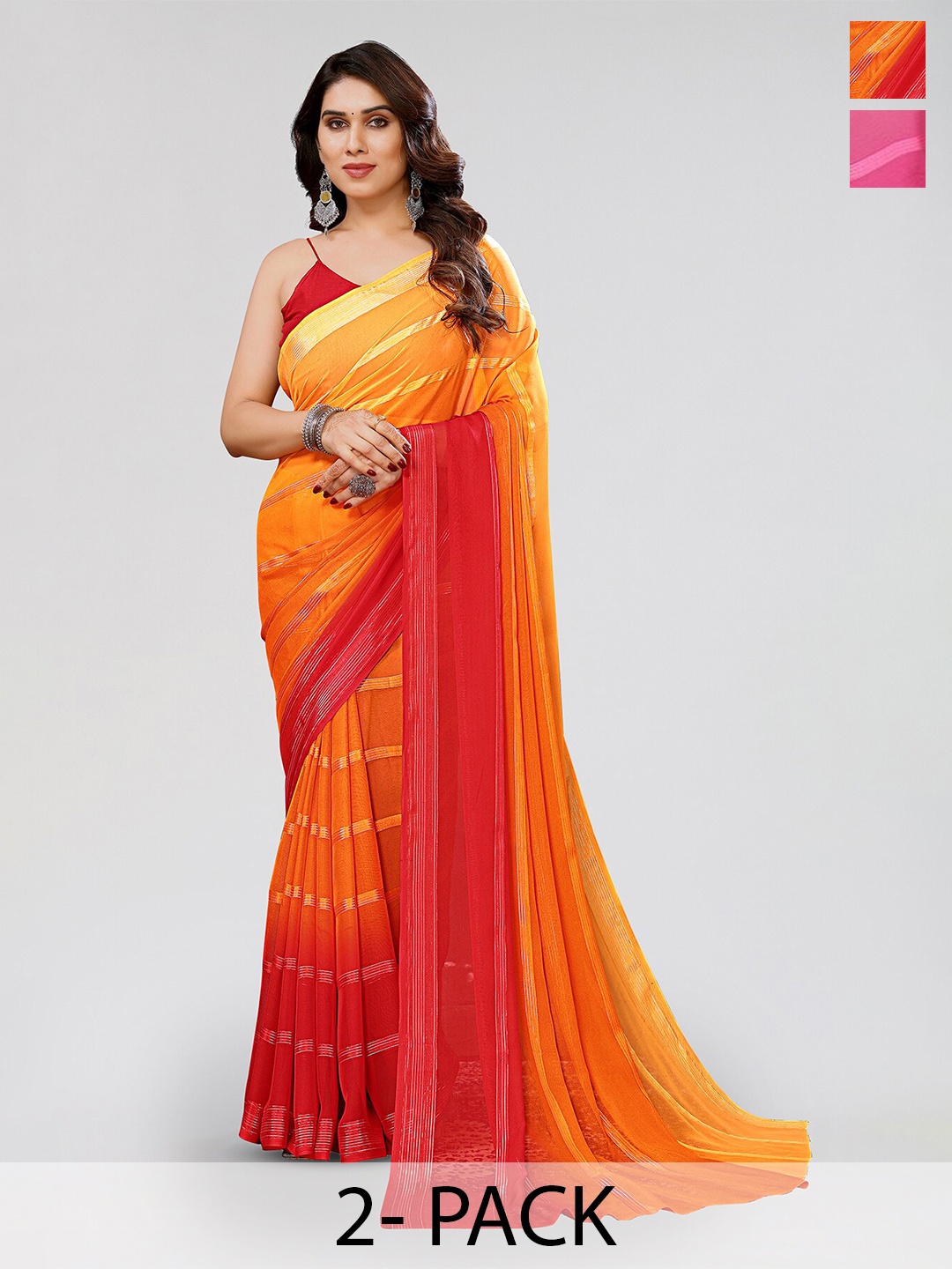 

Moda Rapido Set of 2 Striped Satin Sarees, Red