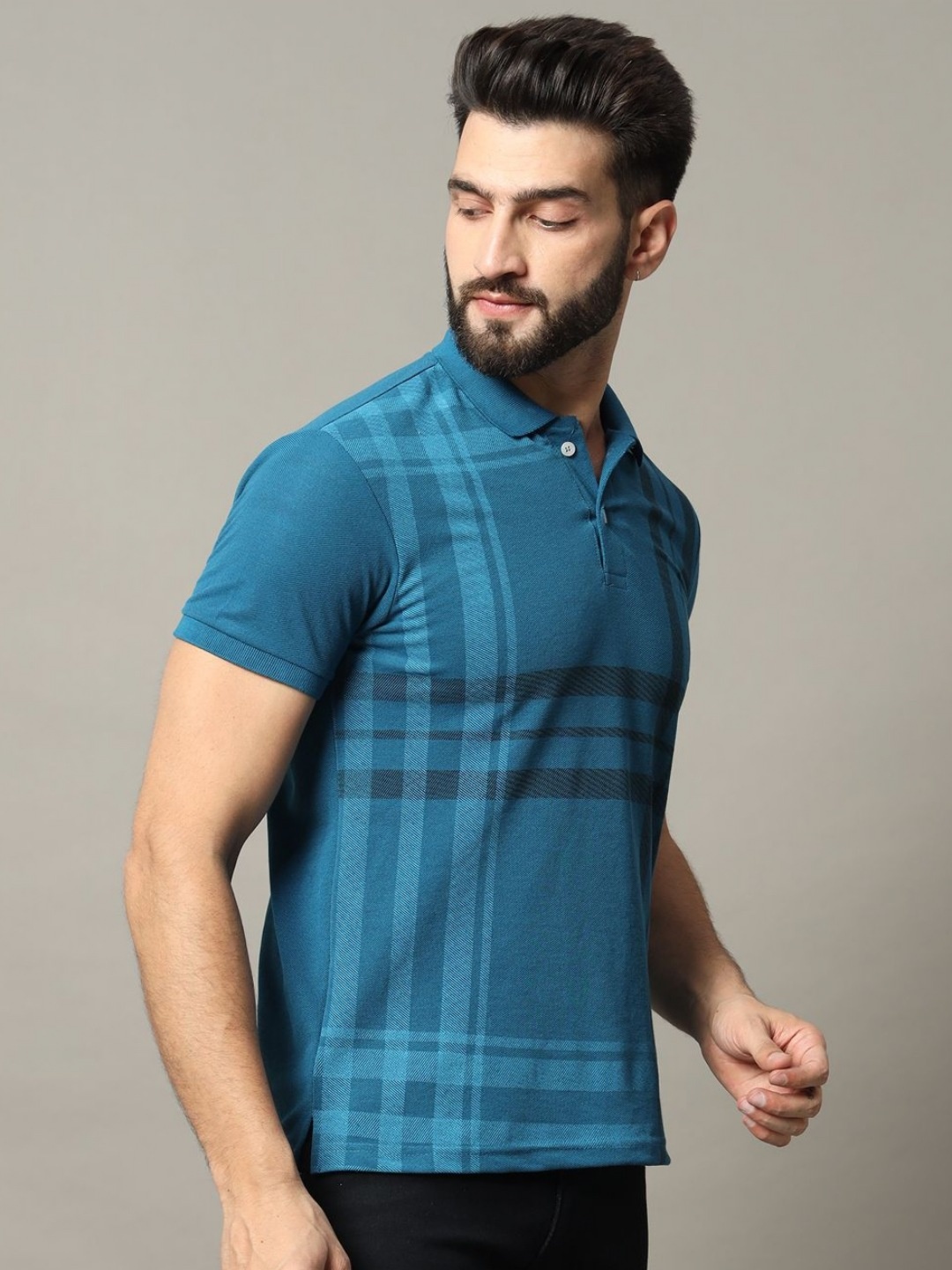 

RELANE Men Checked Polo Collar Cotton Slim Fit T-shirt, Teal