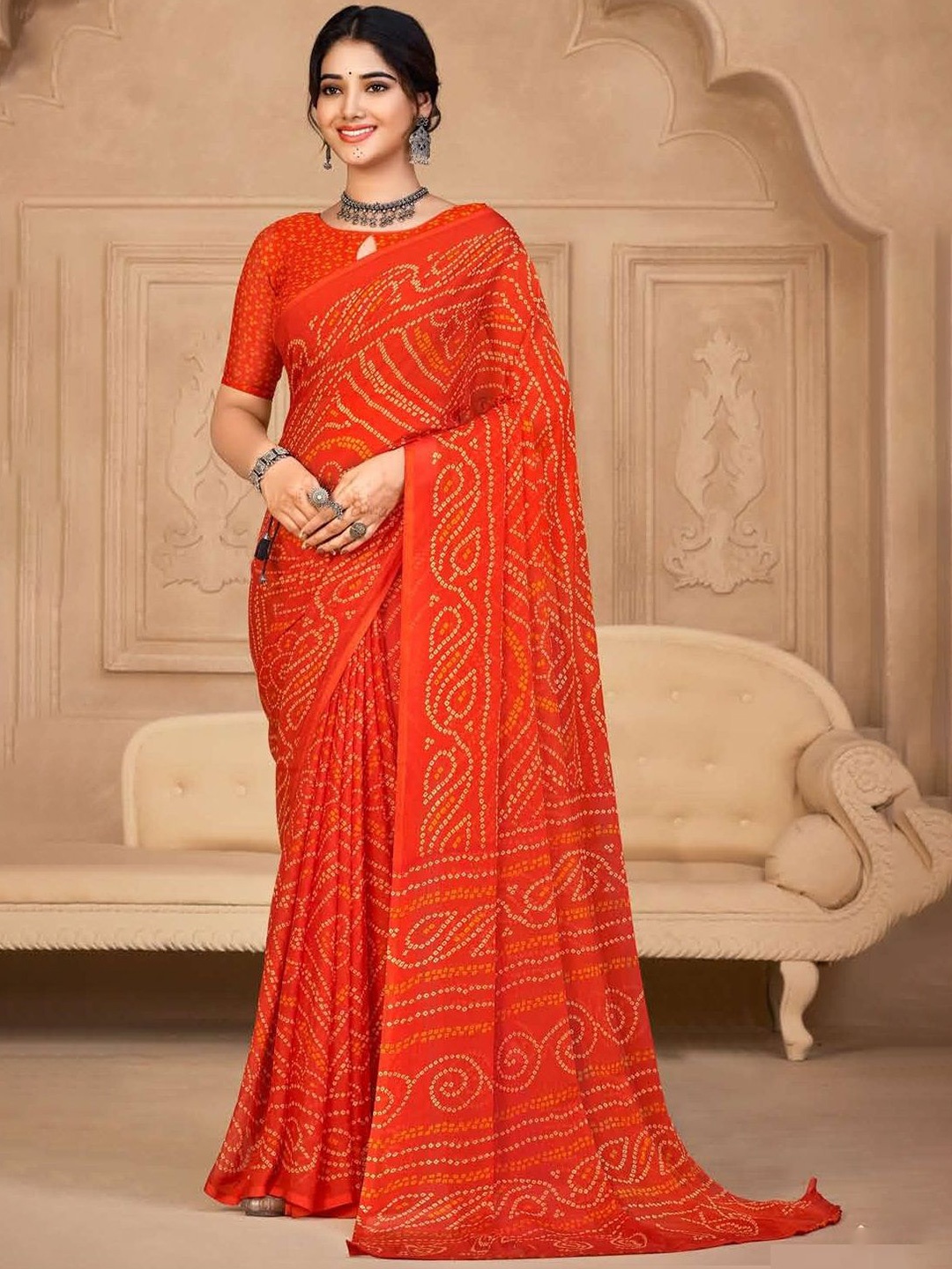 

DURGA EMPORIO Bandhani Pure Chiffon Bandhani Saree, Orange