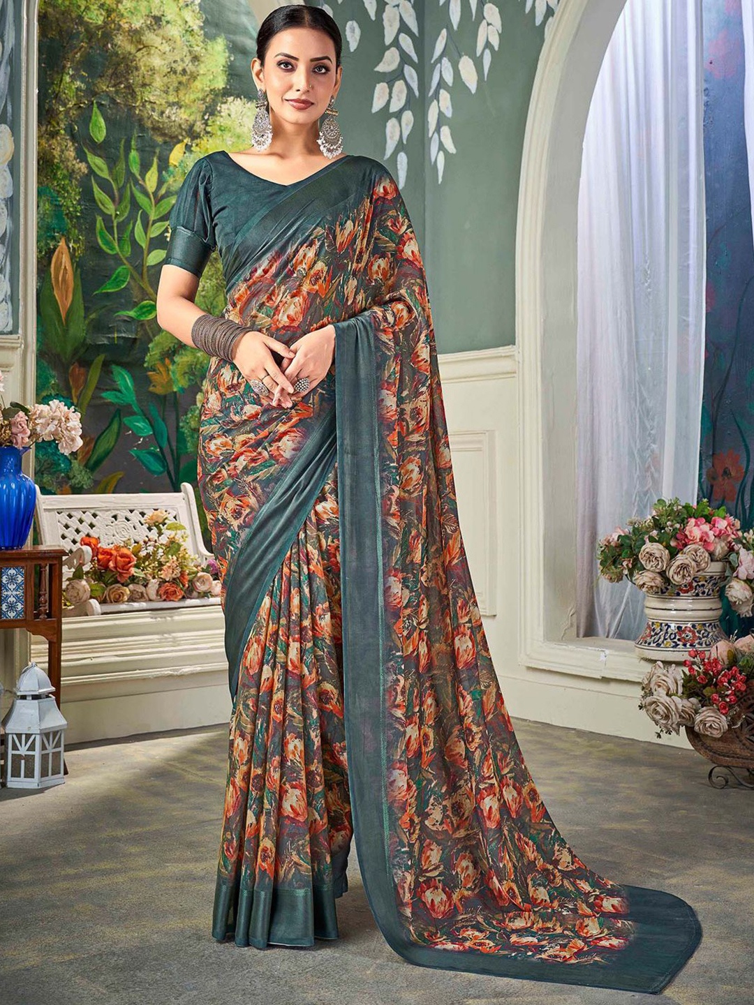 

Mitera Floral Pure Chiffon Muga Saree With Blouse Piece, Grey