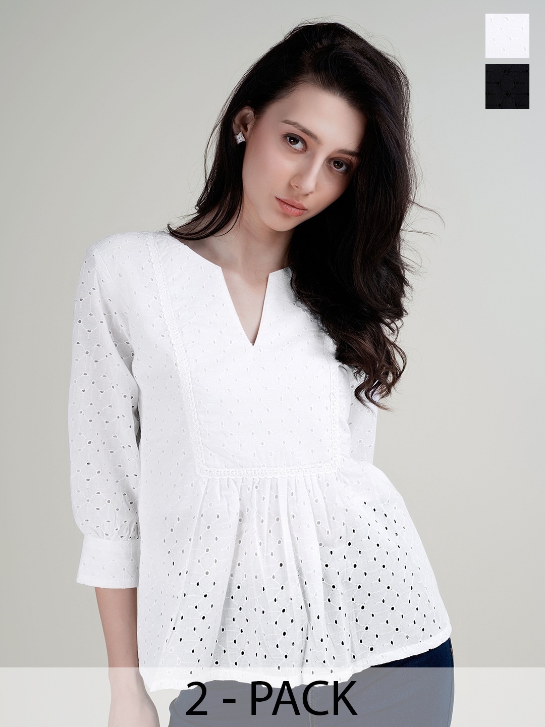 

HOUSE OF MIRA Pack Of 2 Cuffed Sleeves Schiffli Cotton Top, White