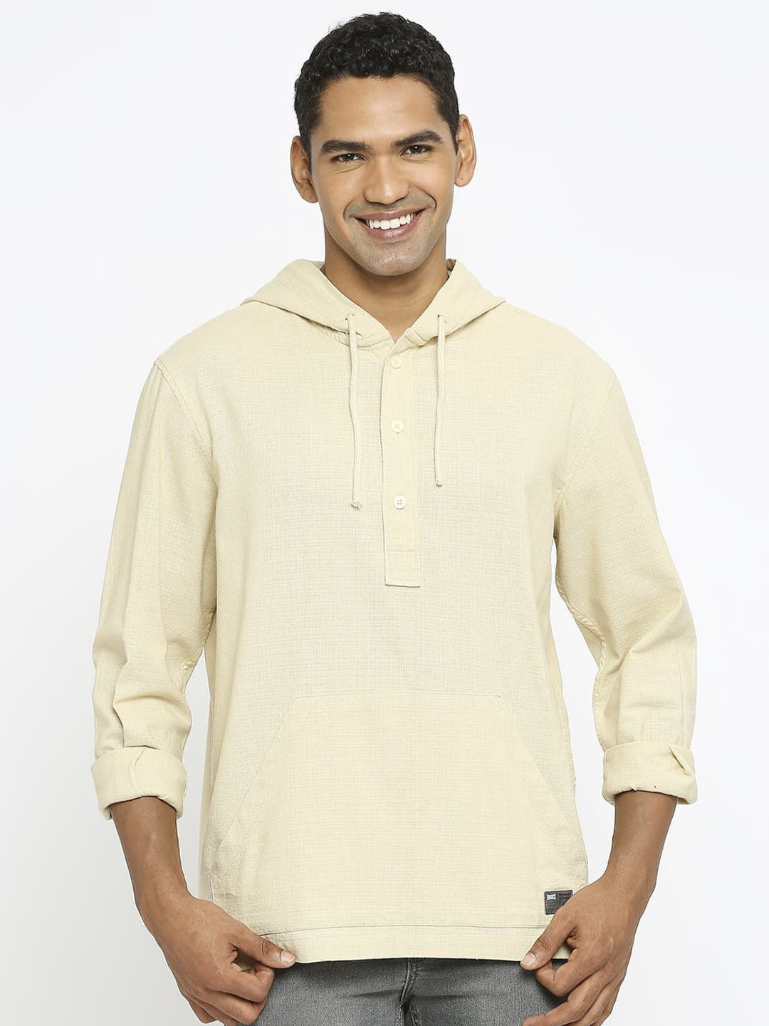 

Basics Men Relaxed Fit Hooded Solid Cotton Casual Shirt, Beige