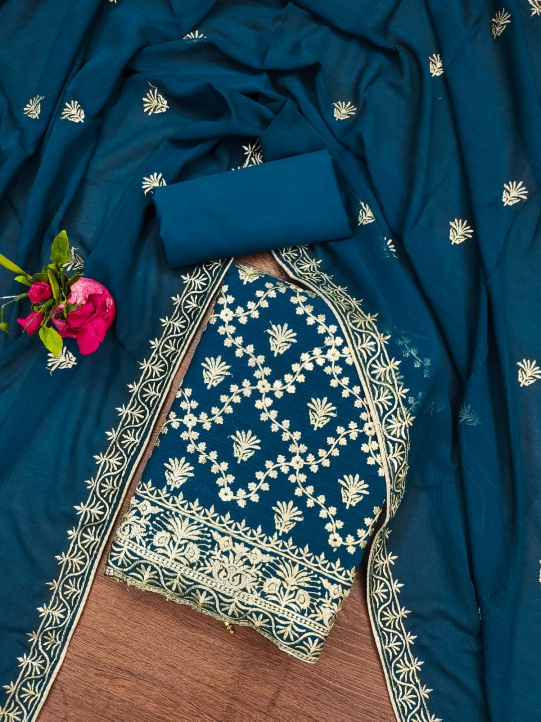 

BlissFlair Floral Embroidered Zari Unstitched Dress Material, Blue