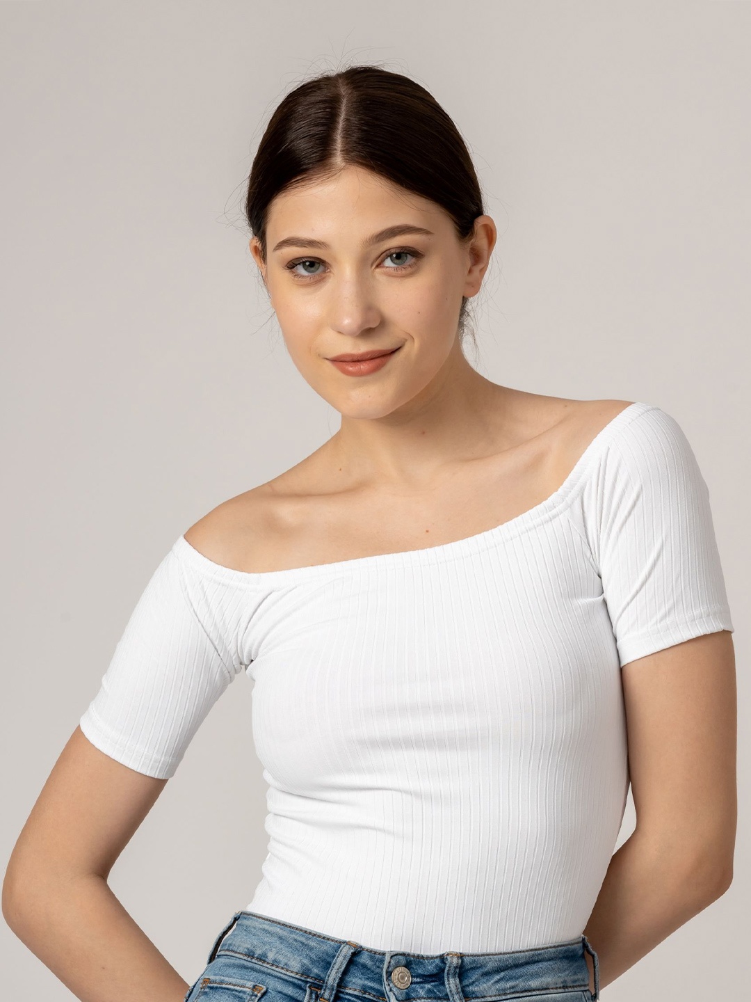 

PYR8 Women Ribbed Ribbed Off-Shoulder Top, White