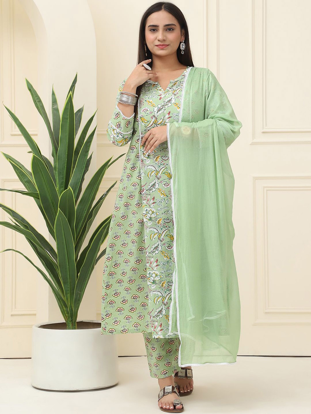 

BAESD Floral Printed Lace Work Notch Neck Pure Cotton A-Line Kurta With Trouser & Dupatta, Green