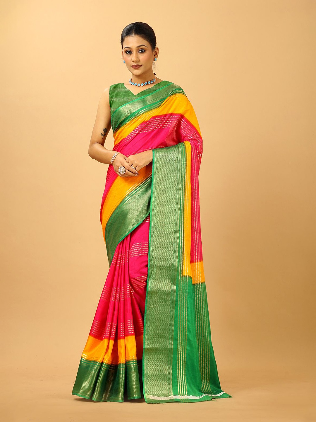 

A.V.M. SILK MILLS Colourblocked Zari Saree, Green