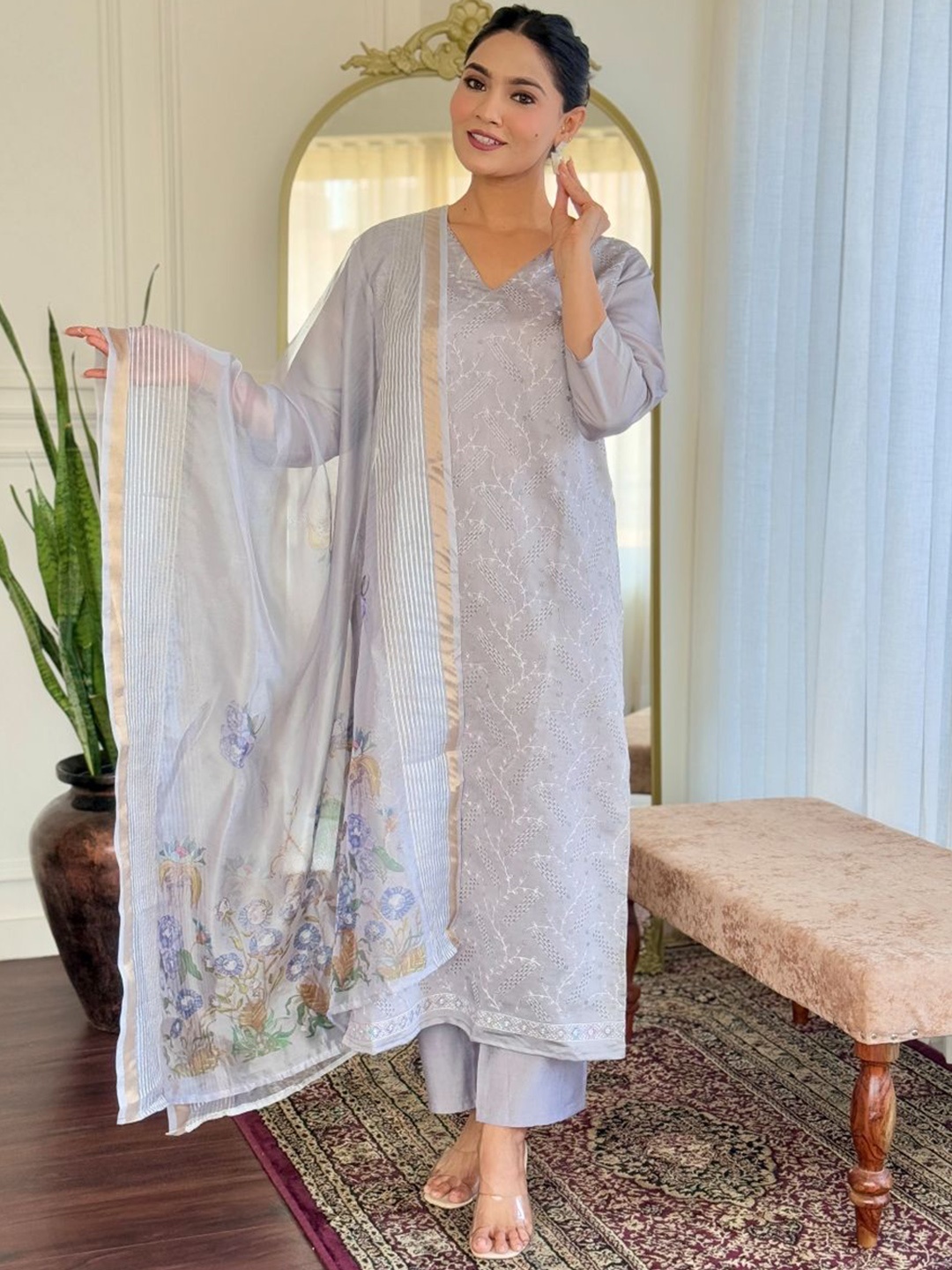 

Heavenly Attire Floral Embroidered Sequinned Pure Cotton Kurta with Trousers & Dupatta, Blue