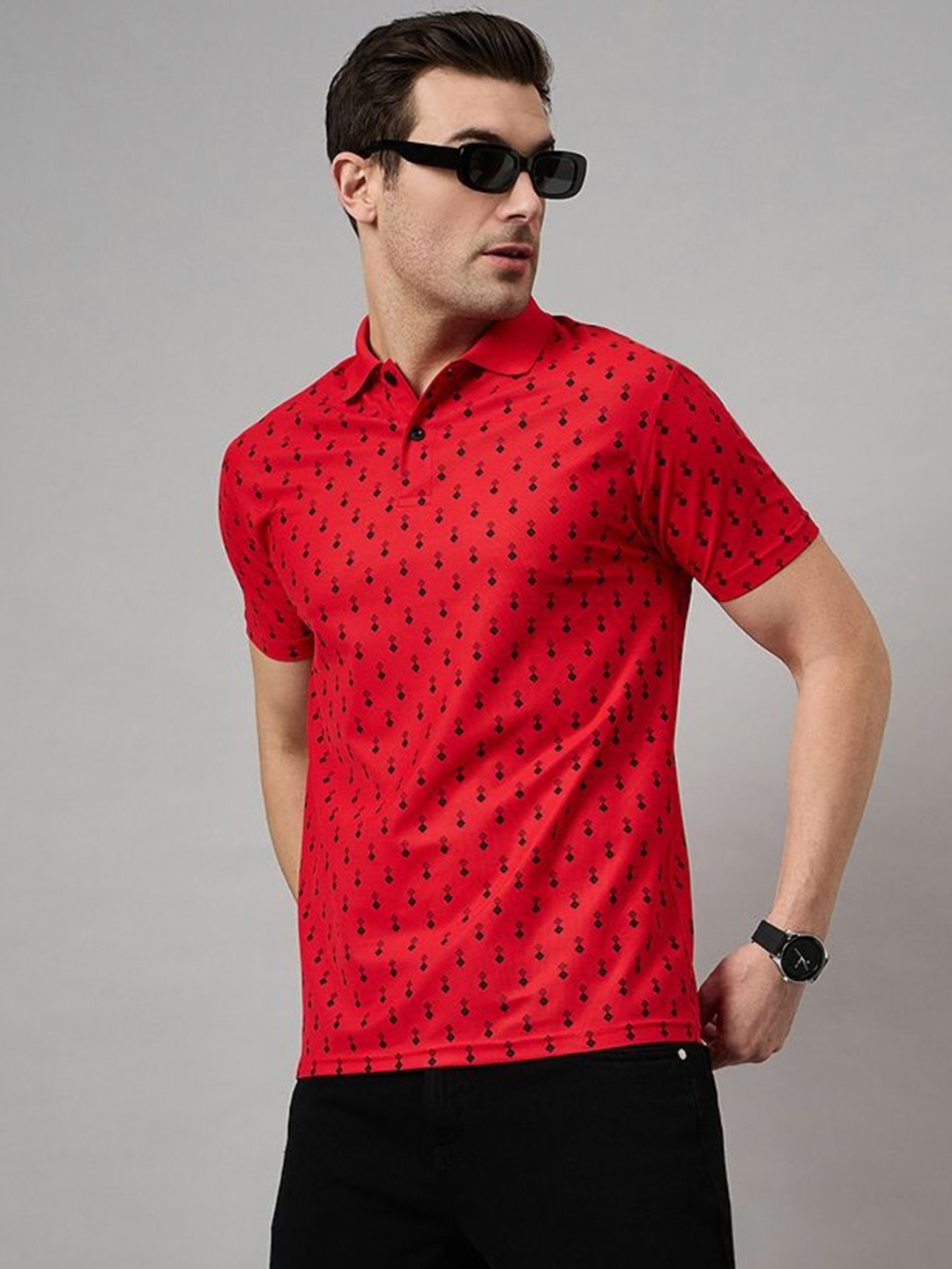 

BRONATION Men Geometric Printed Polo Collar Cotton T-shirt, Red
