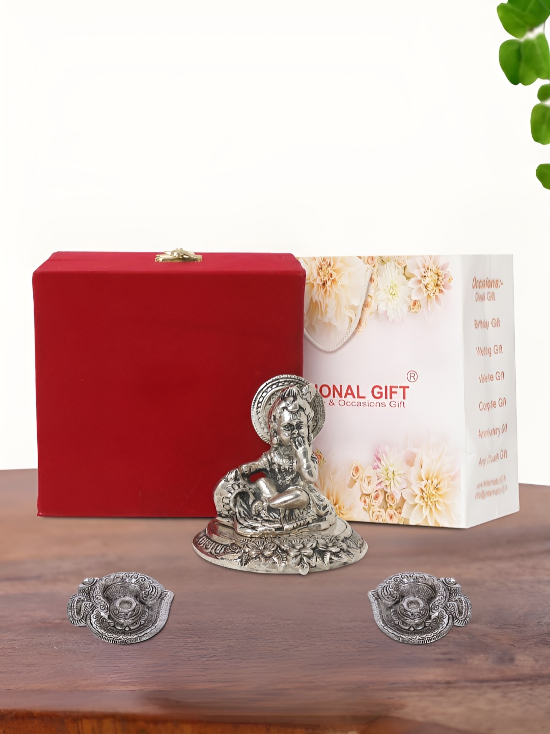 

INTERNATIONAL GIFT Silver Plated Laddu Gopal Idol with 2 Diya Box and Bag