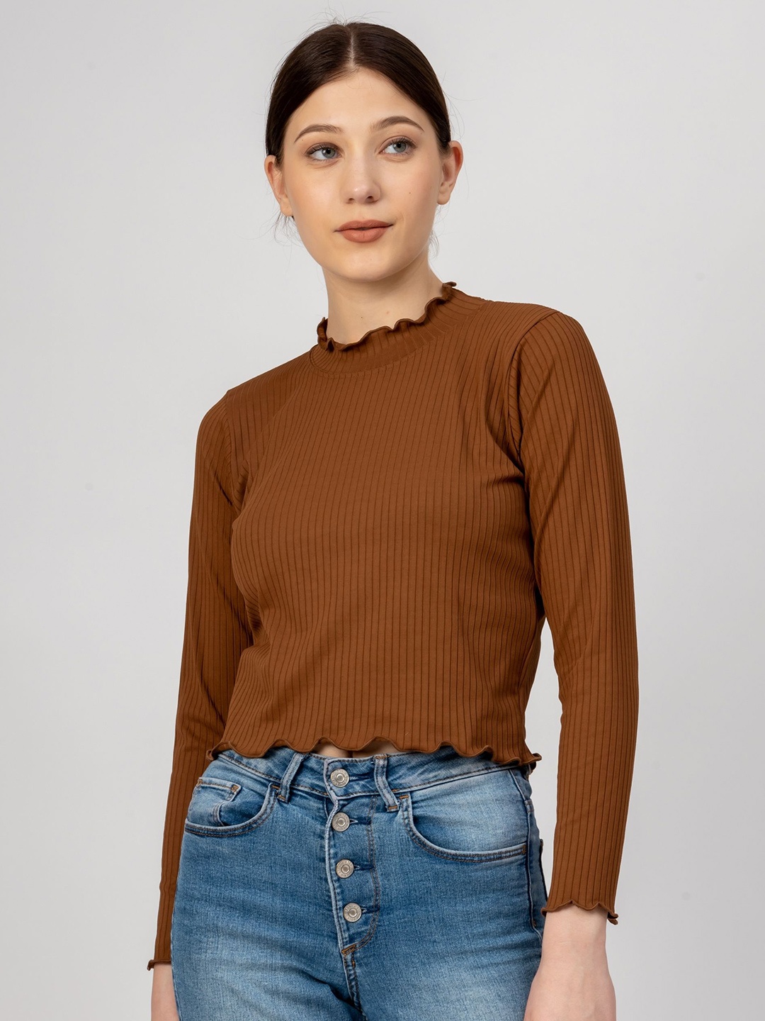 

PYR8 Women Ribbed Ribbed High Neck Top, Coffee brown