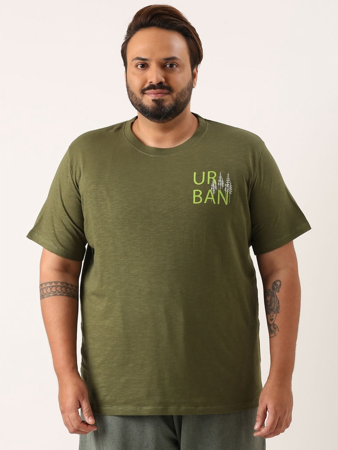 

MARCA Bold Men Plus Size Graphic Printed Round Neck Cotton T-shirt, Olive