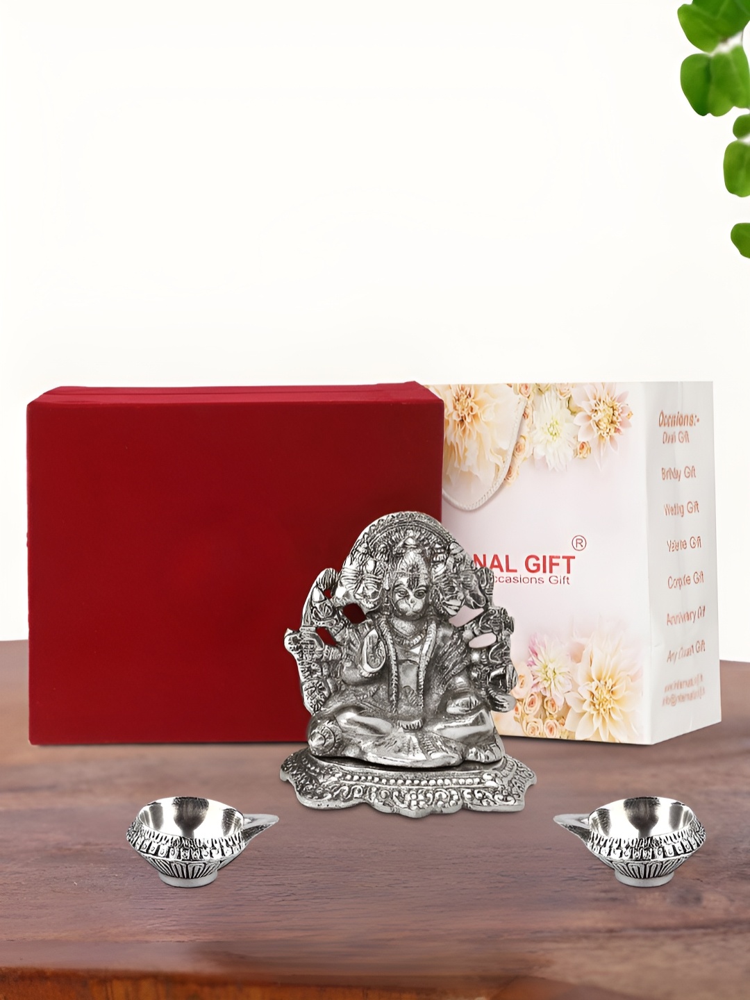 

INTERNATIONAL GIFT Silver Plated Panchmukhi Hanuman Idol with 2 Diya and Box