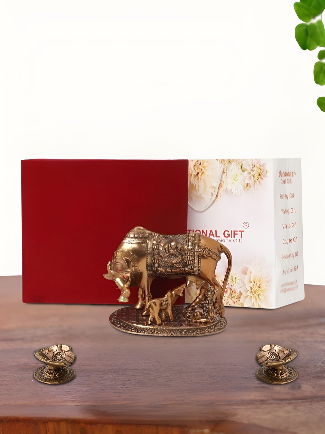 

INTERNATIONAL GIFT Brown Kamdhenu Cow with 2 Diya Box and Bag, Copper