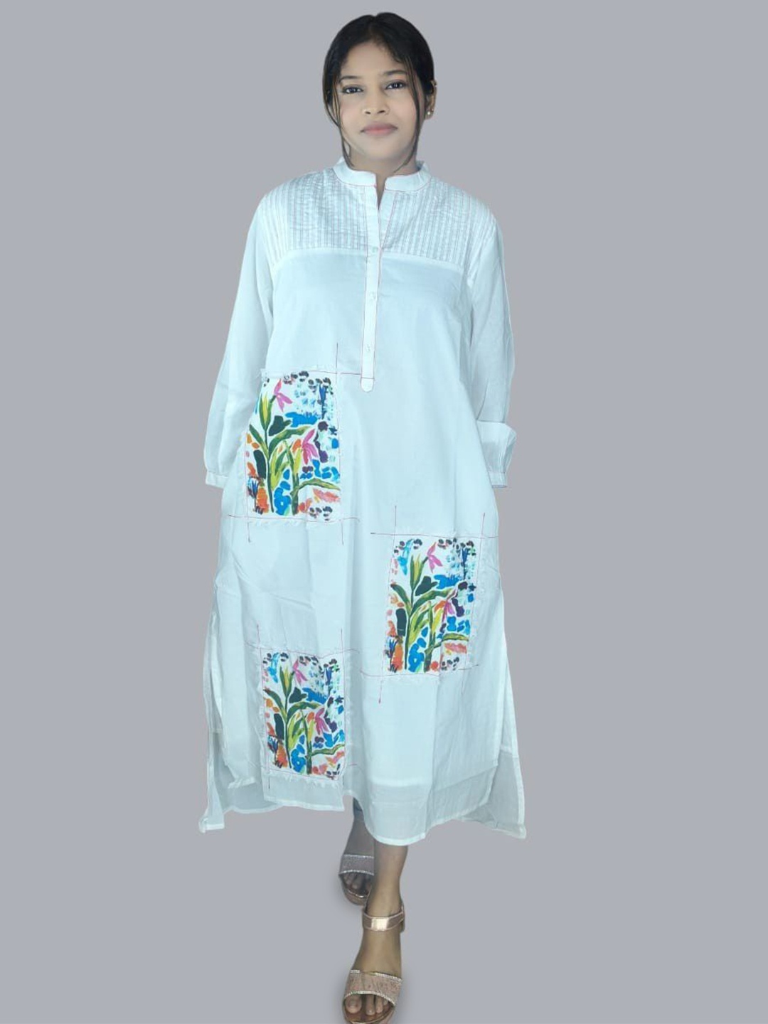 

Skinsi Ethnic Motifs Printed Puff Sleeve Cotton Maxi Dress, Blue