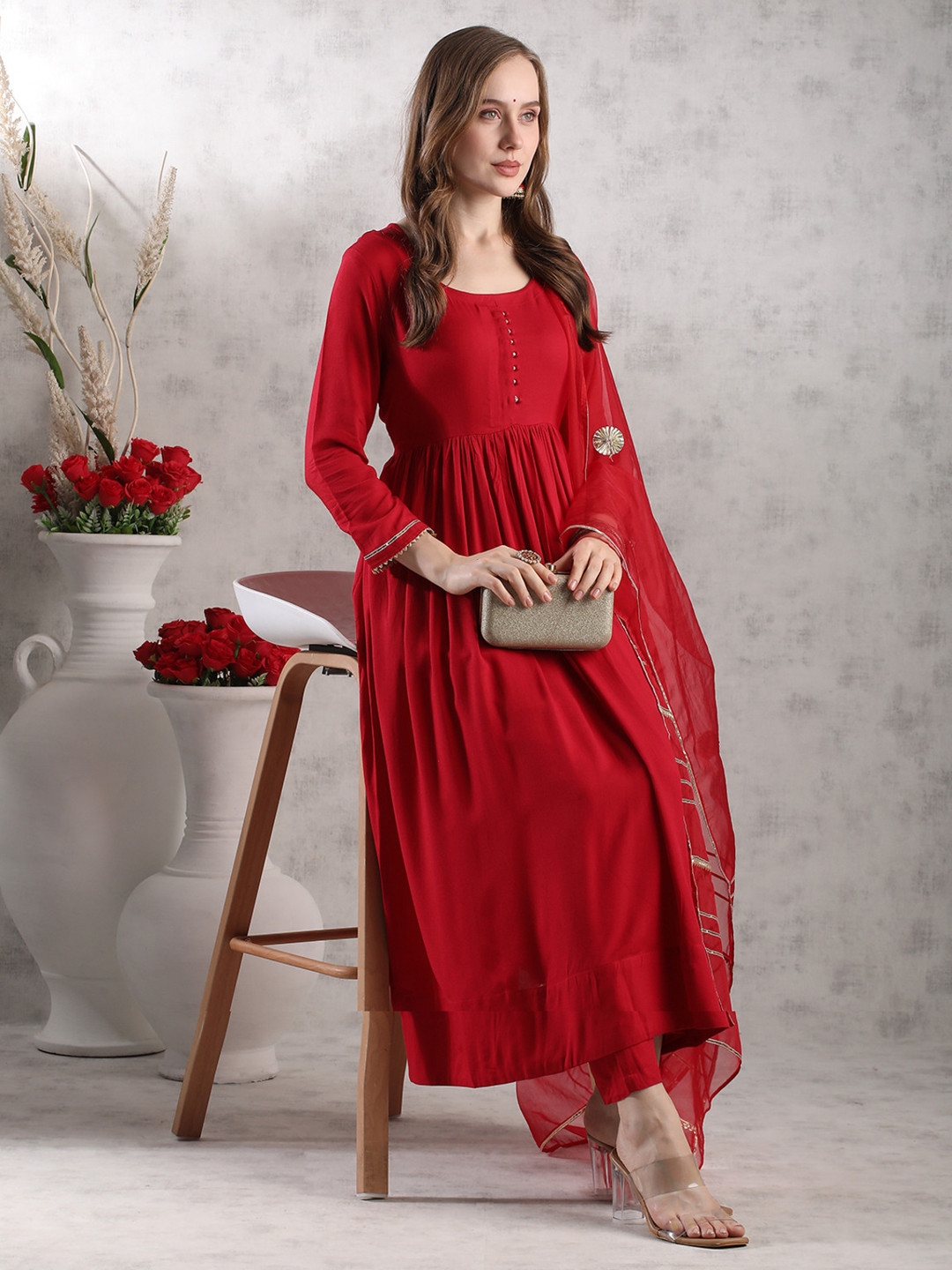 

DIVASTRI Round Neck Anarkali Kurta With Trousers And Dupatta, Red