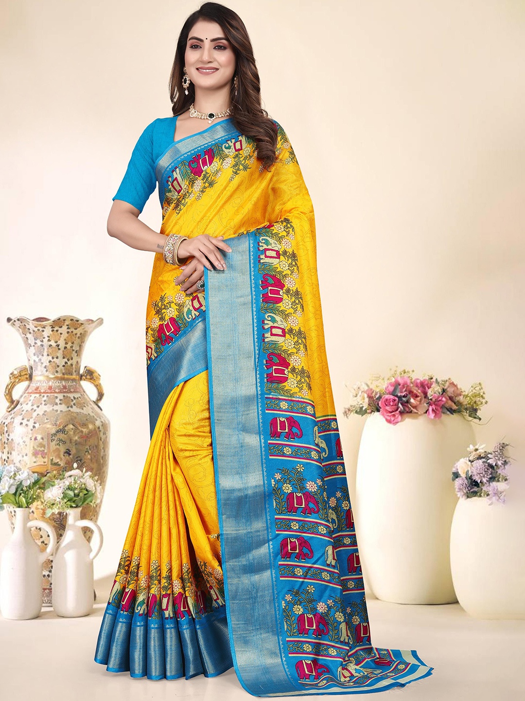 

SUPERLAXMI Floral Zari Silk Blend Saree, Yellow