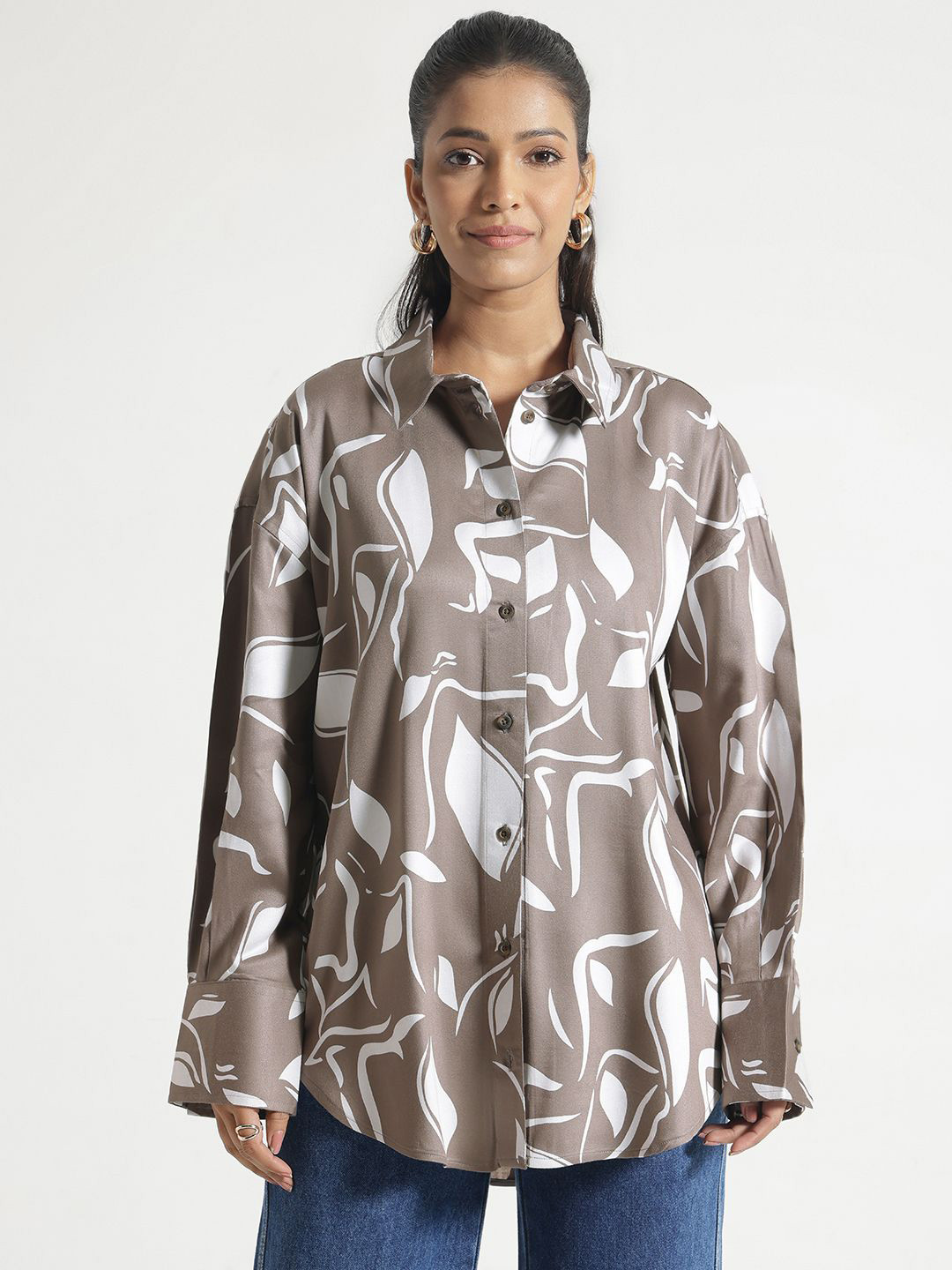 

Code 61 Women Comfort Oversized Fit Spread Collar Abstract Printed Cotton Casual Shirt, Brown