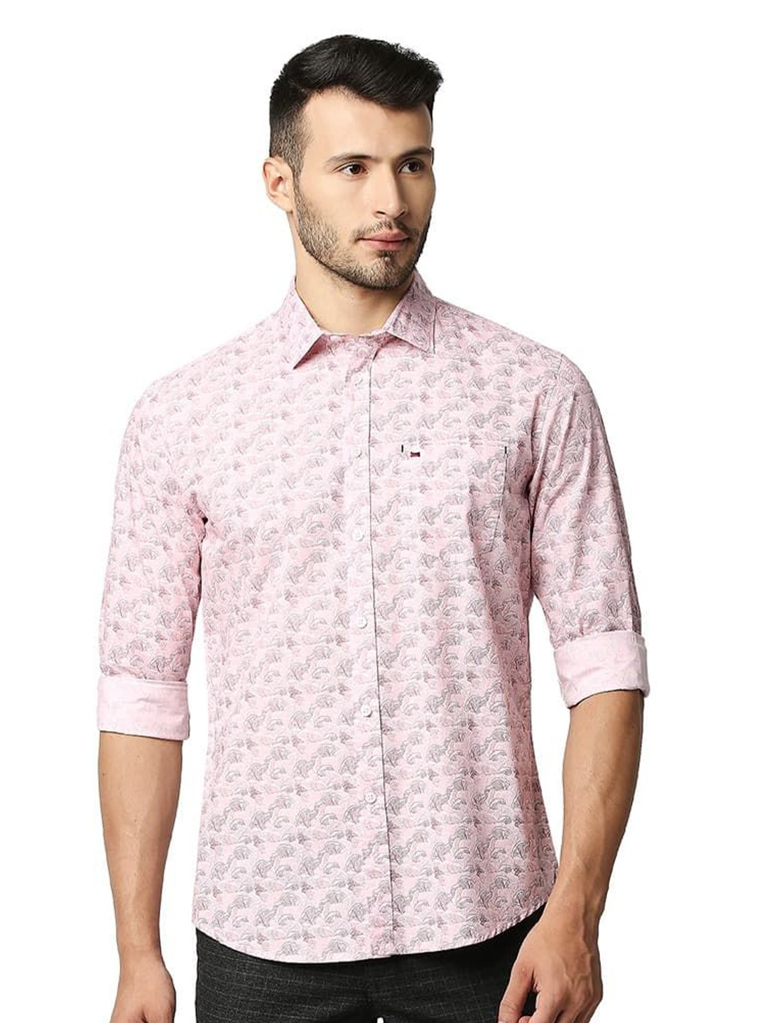 

Basics Men Relaxed Fit Spread Collar Floral Printed Cotton Casual Shirt, Pink