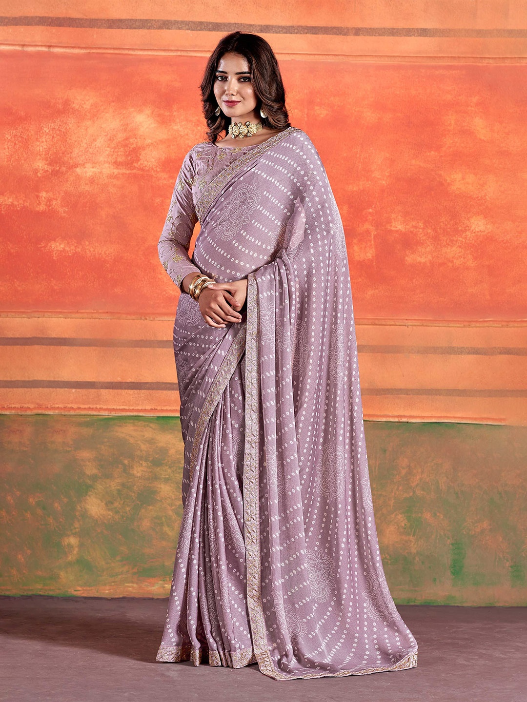 

DIVASTRI Bandhani Printed Saree With Unstitched Blouse Piece, Lavender