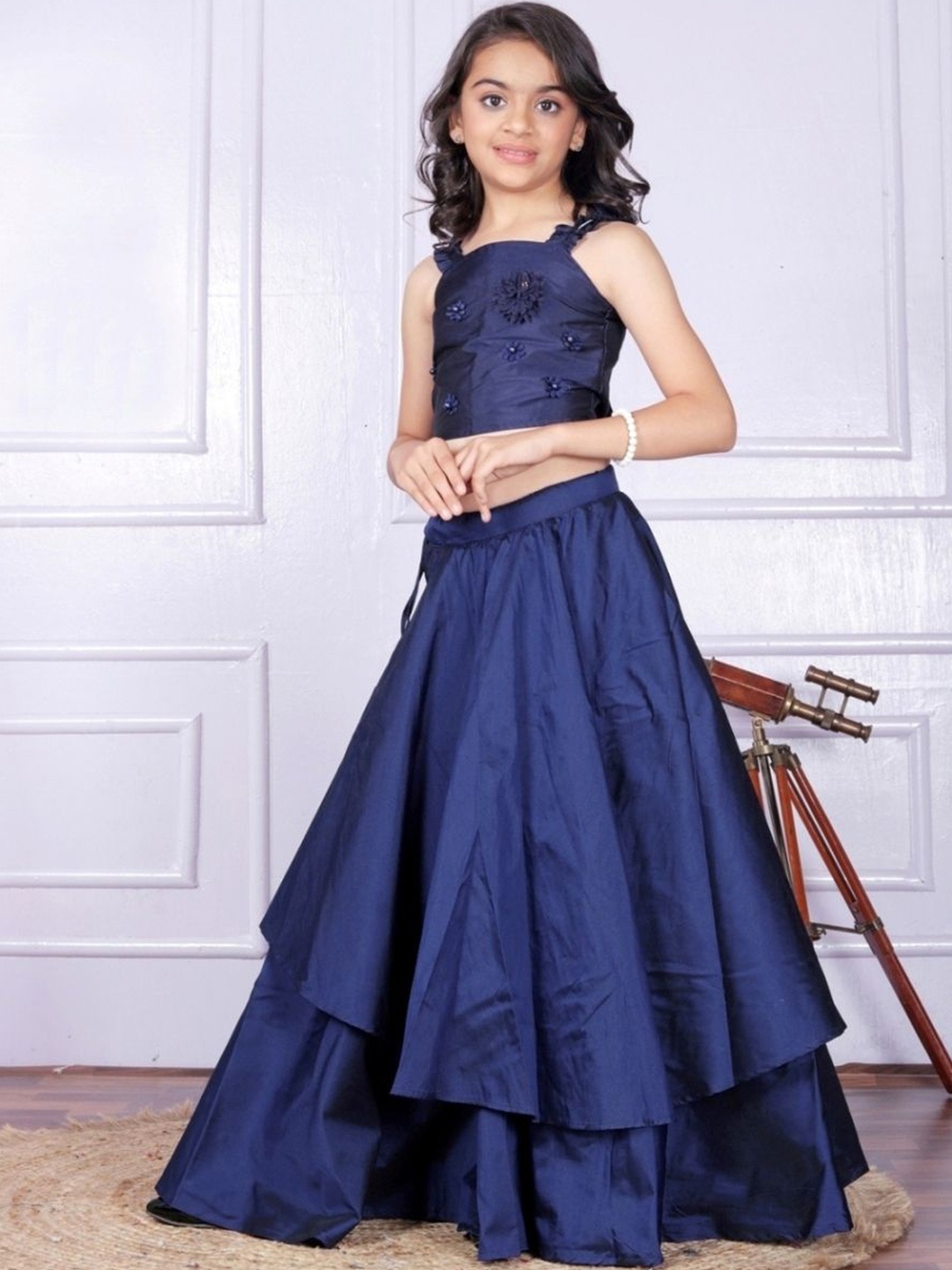 

Anneca Girls Square Neck Patch Work Ready to Wear Lehenga & Blouse, Navy blue