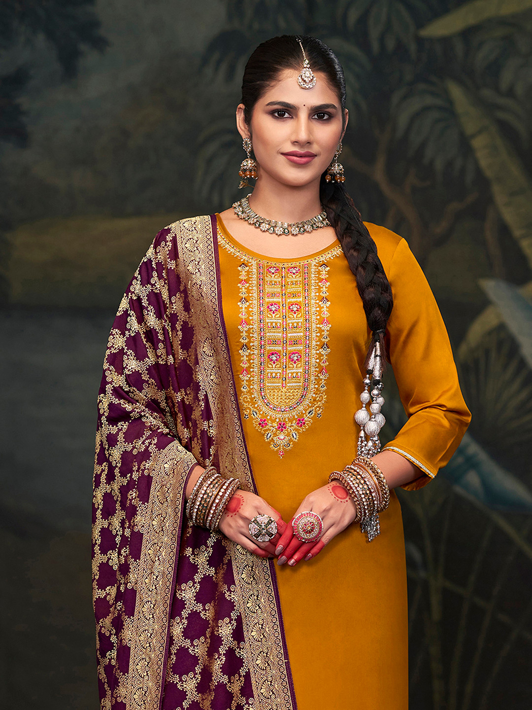 

Anouk Mustard Ethnic Motifs Embroidered Sequence Unstitched Dress Material