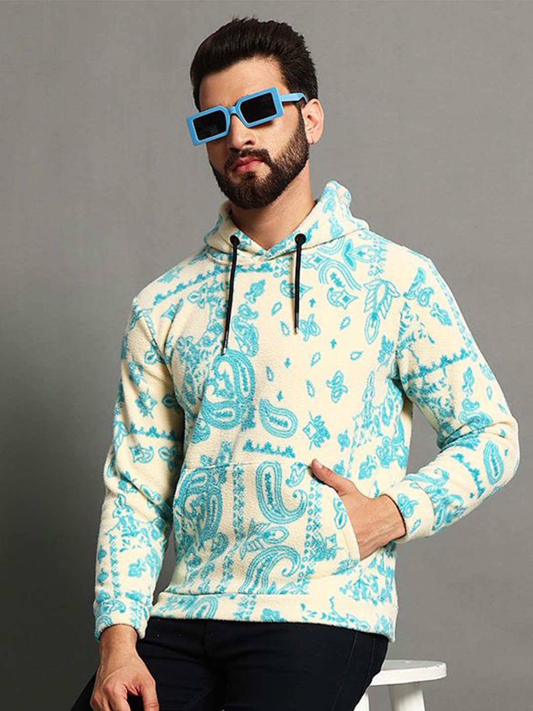 

OGEN Men Printed Hooded Pullover Sweatshirt, Cream
