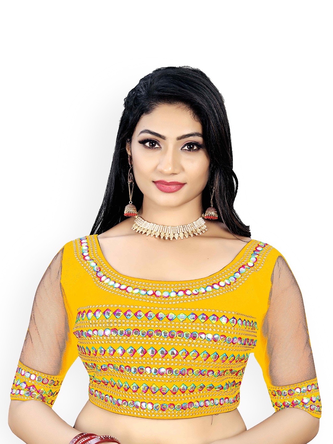 

HERE&NOW Embroidered Mirror Work Round Neck Saree Blouse, Yellow
