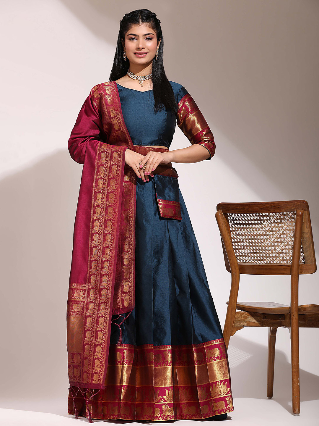 

Fabcartz Floral Woven Design Zari Unstitched Blouse And Lehenga With Dupatta, Blue