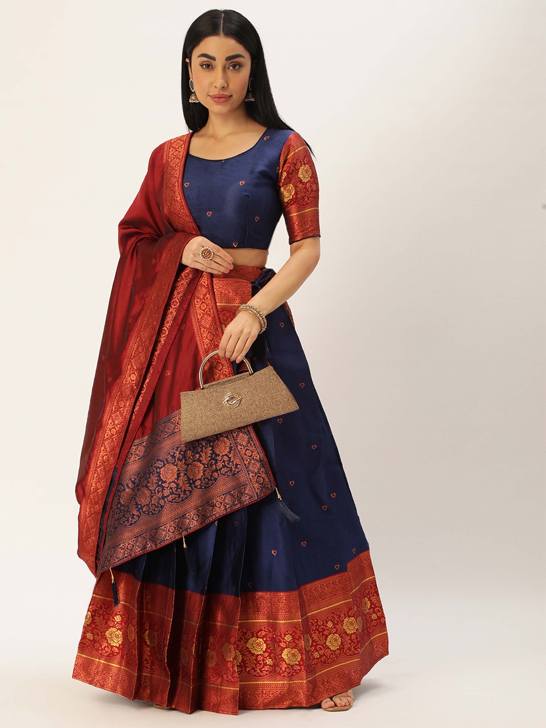 

DIVASTRI Semi-Stitched Lehenga & Unstitched Blouse With Dupatta, Navy blue