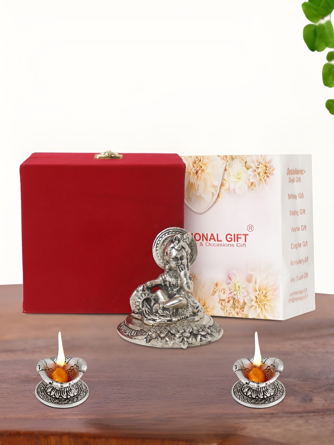 

INTERNATIONAL GIFT Silver Plated Laddu Gopal Idol with 2 Diya Box and Bag