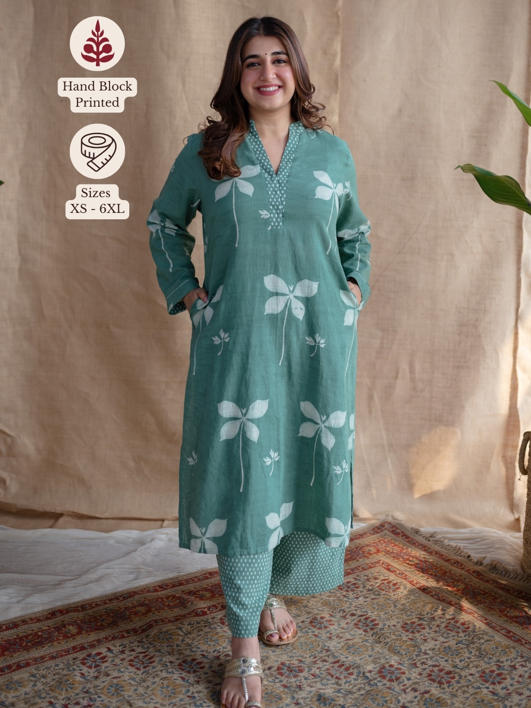 

THE INDIAN ETHNIC CO Green Straight Slub Cotton Tunic & Palazzos Co-Ord Set