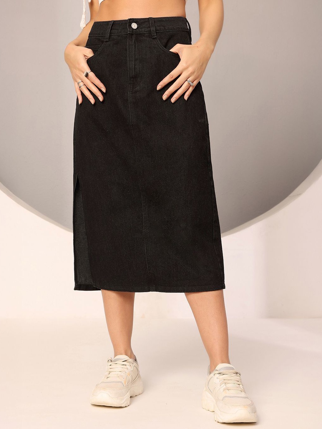

DOLCE CRUDO Denim A-Line Midi Skirt, Black