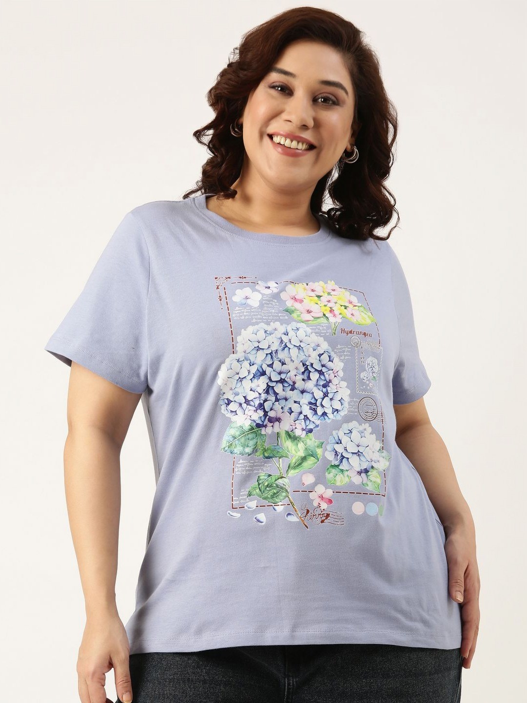 

MARCA Bold Women Plus Size Floral Printed Round Neck Cotton T-shirt, Lavender
