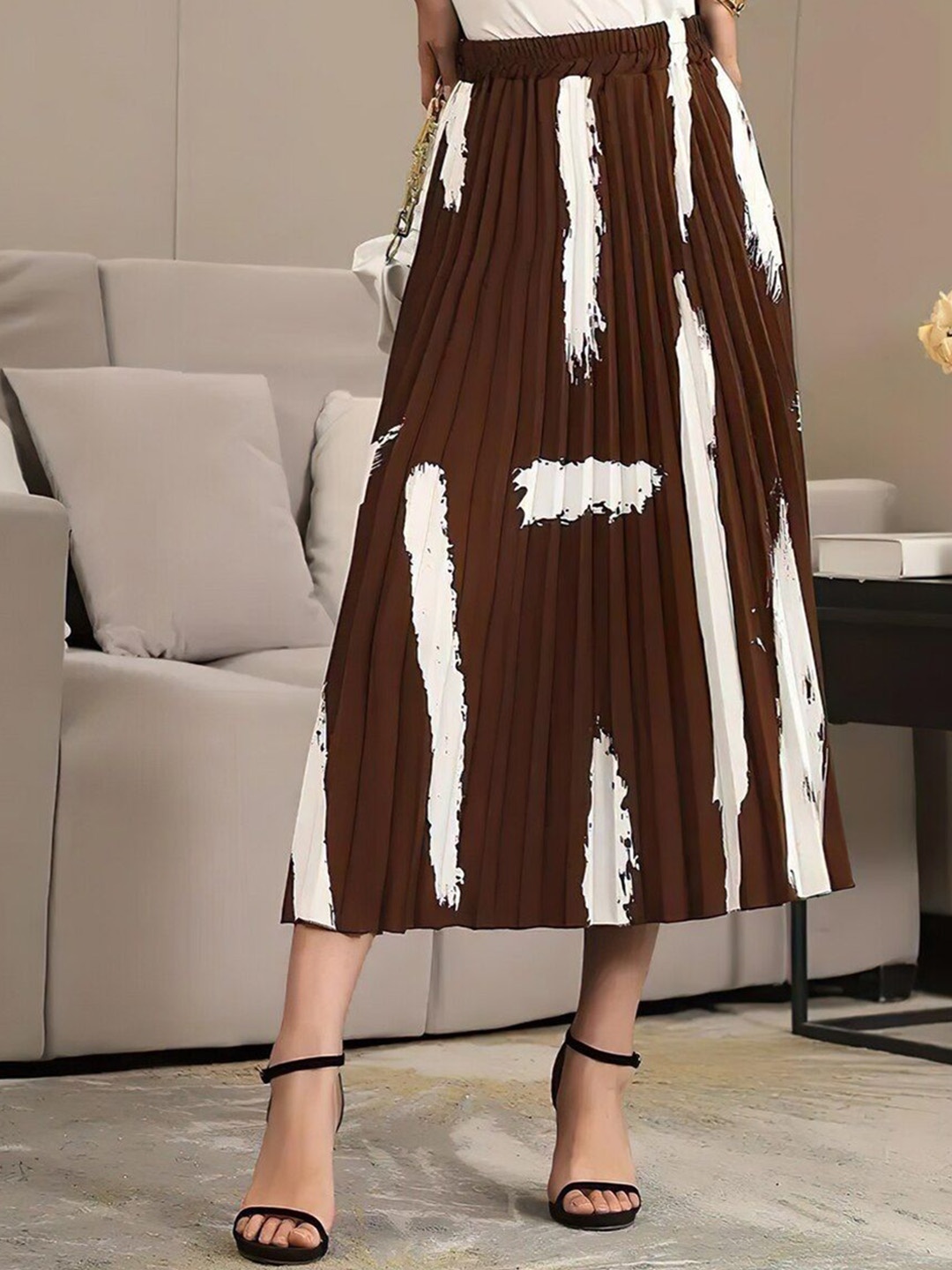 

ZWERLON Women Printed A-Line Midi Skirt, Coffee brown