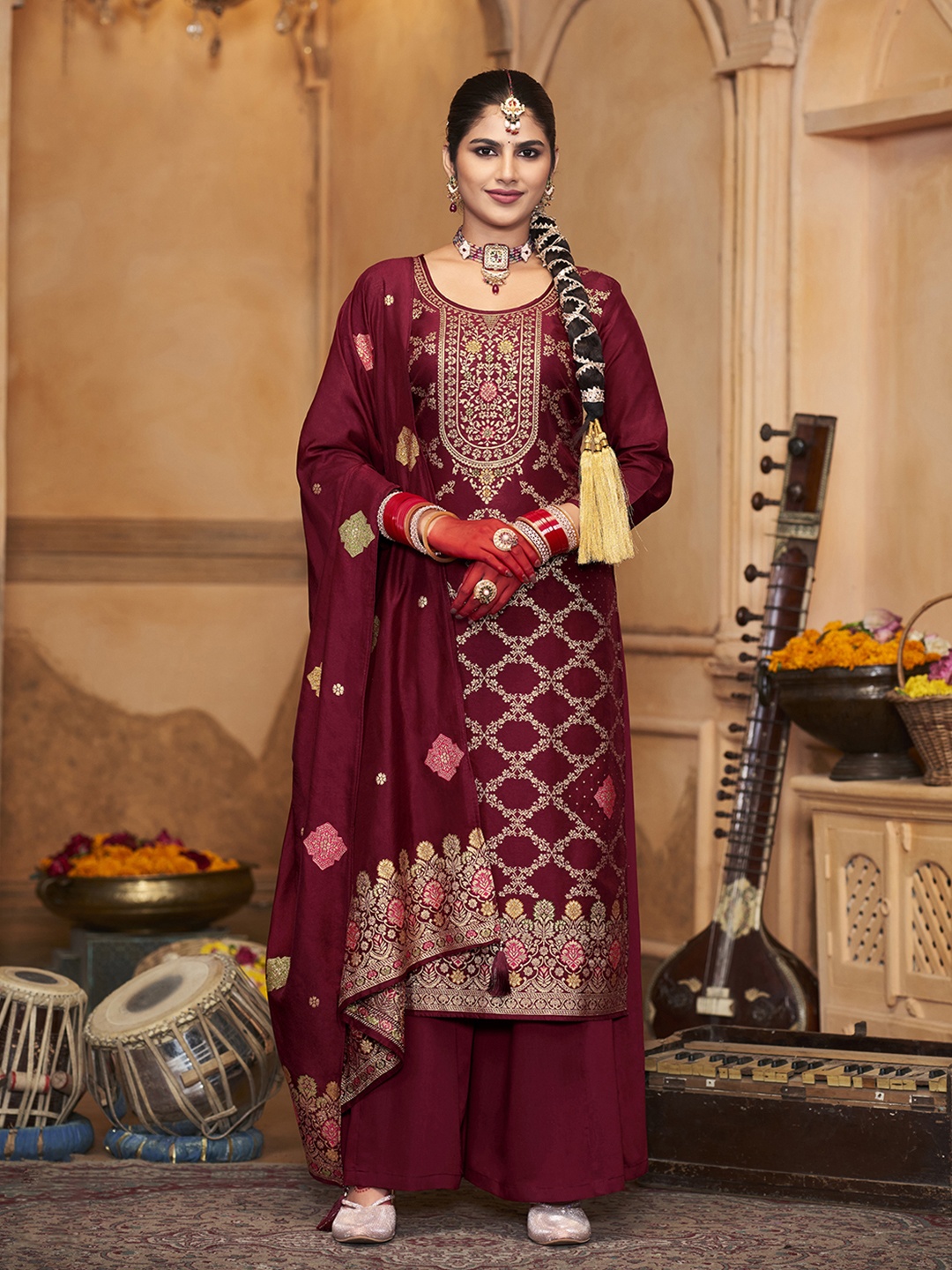 

Anouk Maroon Zari Ethnic Motifs Woven Design Jacquard Unstitched Dress Material